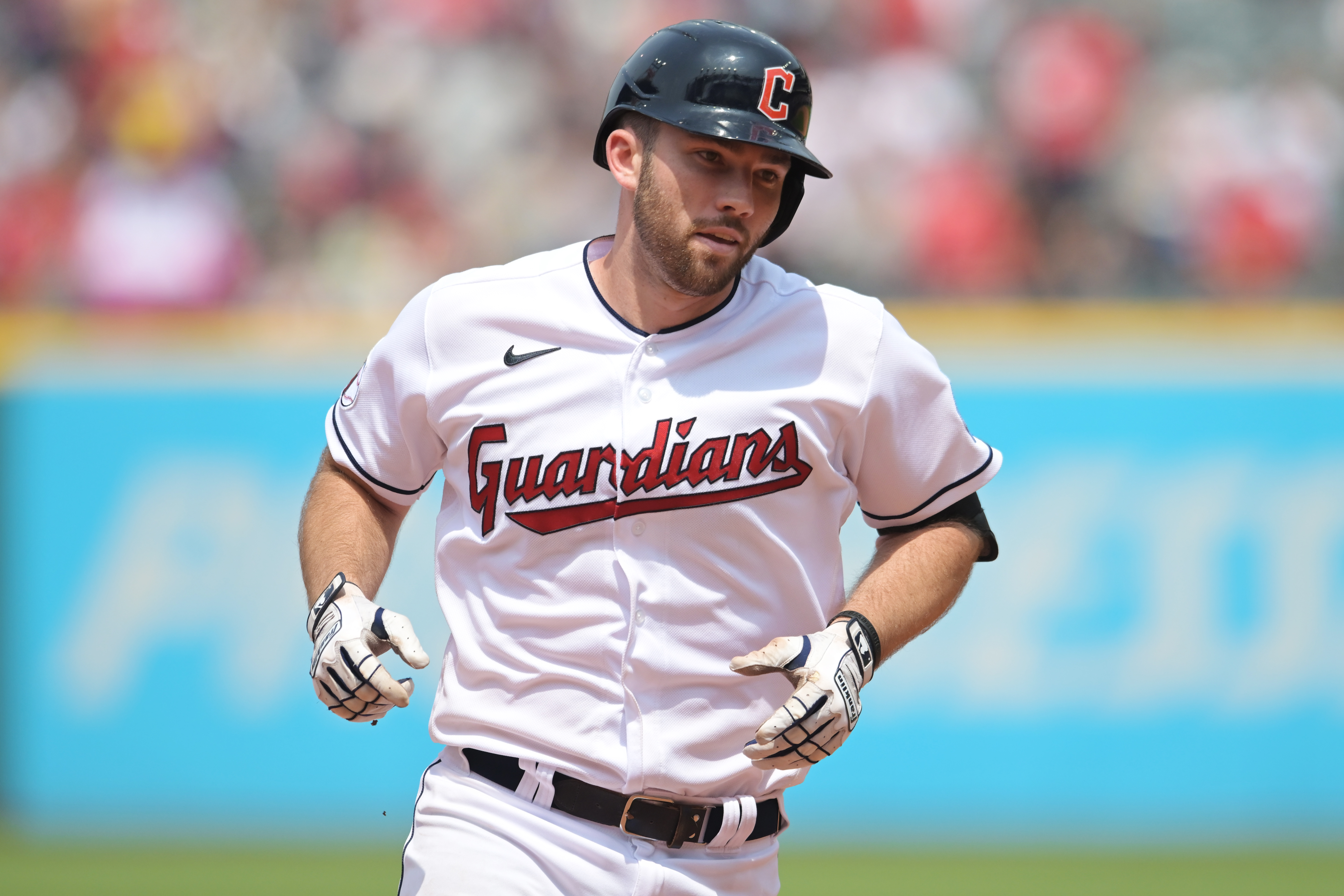 Jul 26, 2023; Cleveland, Ohio, USA; Cleveland Guardians catcher David Fry (12) rounds the bases after hitting a home run during the fourth inning against the Kansas City Royals at Progressive Field.
